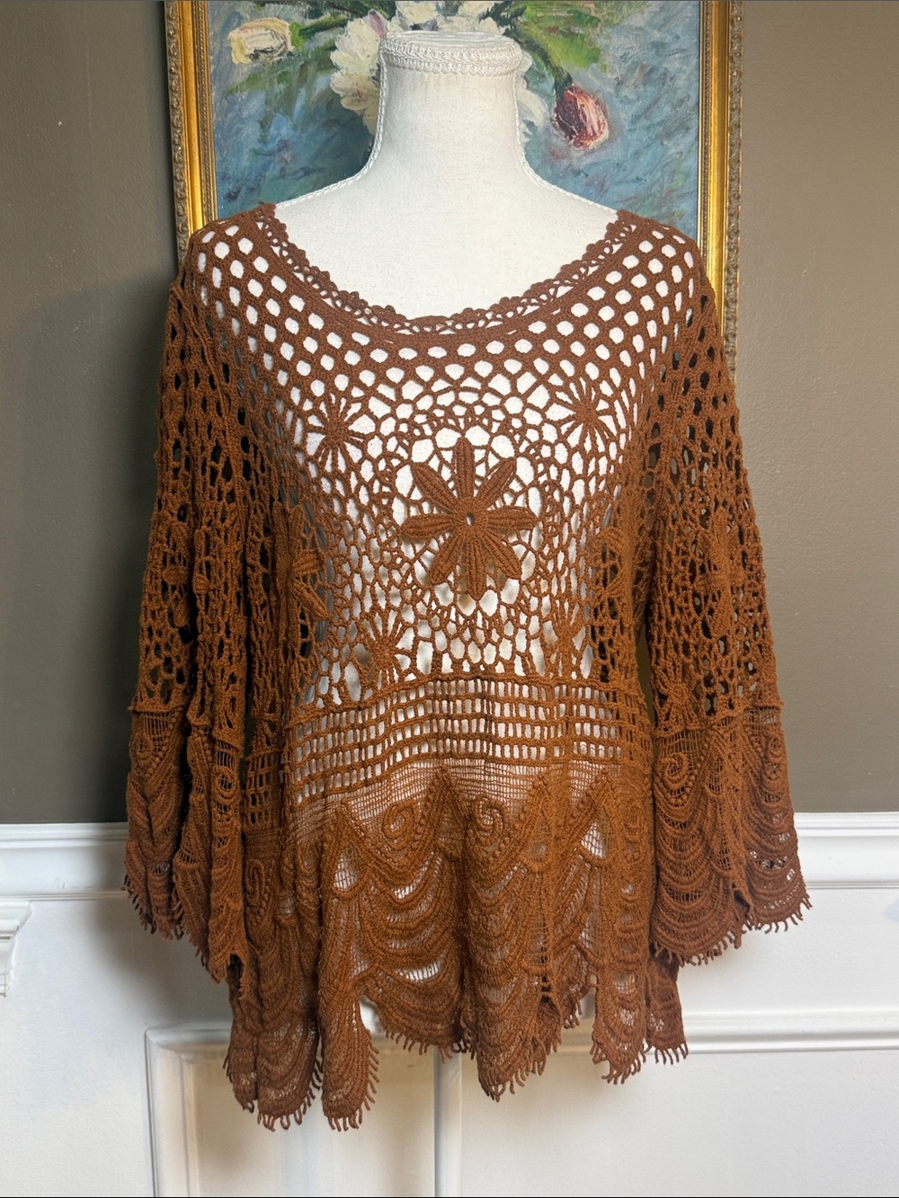 Ultra Pink Brown Crochet Knit Cotton Boho Bell Sleeve Sweater Top M